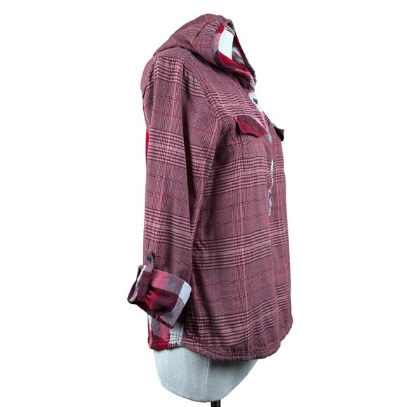 Women's PrAna Red White Anja Plaid Long Sleeve Button‎ Cuff Hooded Popover Top M - Picture 3 of 9